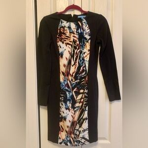 ANTONIO MELANI Multicolored Black Feather Animal Print Midi Work Office Party